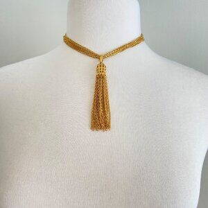 Trifari Crown Gold Tone Multi-Strand Tassel Choker Necklace 1970s Vintage Costum
